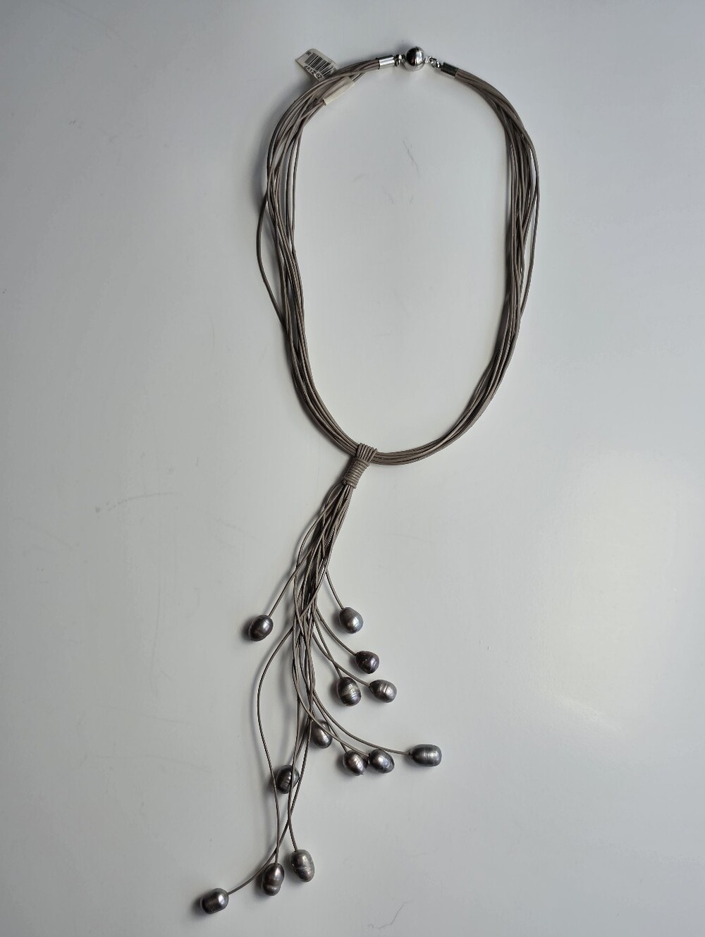 Multi-Strand Grey and Silver-Tone Lariat Necklace w Pearls w magnetic closure